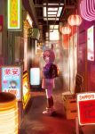  1girl alley highres kouka_(mrakano5456) lantern looking_at_viewer looking_back neon_lights original pink_hair red_eyes short_hair sign solo translation_request 