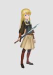  1girl bangs blonde_hair blue_eyes breastplate commentary_request eyebrows_visible_through_hair grey_background highres holding holding_sword holding_weapon leather_belt leg_armor long_hair looking_at_viewer original simple_background skirt smile solo standing strap sword wasabi60 weapon yellow_skirt 