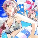  2girls :d arms_up ball beachball black_ribbon blush breasts cleavage clouds collarbone day eyebrows_visible_through_hair green_hair hair_bobbles hair_flaps hair_ornament hair_ribbon ichinashi innertube kantai_collection long_hair lowres multiple_girls open_mouth pink_eyes pink_hair rabbit ribbon sazanami_(kantai_collection) scrunchie sky smile sun swimsuit teeth twintails very_long_hair violet_eyes yura_(kantai_collection) 