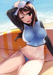  1girl ;d adapted_costume beach bikini bikini_bottom blush breasts brown_eyes brown_hair girls_und_panzer hat highres impossible_clothes large_breasts long_hair mika_(girls_und_panzer) nksk ocean one_eye_closed open_mouth side-tie_bikini sidelocks sitting smile solo surfboard swimsuit water 