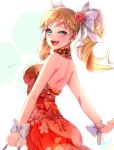 1girl bare_shoulders blonde_hair blush bow breasts earrings eu_(euspia) fang flower green_eyes hair_bow hair_flower hair_ornament jewelry long_hair looking_at_viewer medium_breasts necklace open_mouth original red_rose ribbon rose smile solo twintails upper_body white_bow white_ribbon 