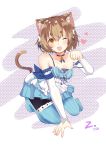  1boy :3 :d absurdres animal_ears arm_ribbon arm_support artist_signature bangs bare_shoulders black_legwear blue_bow blue_choker blue_legwear blush bob_cut bolo_tie bow bow_dress breasts brown_hair cat_ears cat_tail choker cleavage clenched_hand collarbone commentary_request cross-laced_clothes dated dot_nose dress dress_bow eyebrows_visible_through_hair eyes_visible_through_hair fang felix_argyle frilled_dress frills front-tie_top full_body hair_between_eyes hair_bow hair_ribbon hand_up heart heart_background highres jewelry kneeling lace lace-trimmed_dress lace-trimmed_sleeves looking_at_viewer male_focus no_shoes one_eye_closed open_mouth orange_eyes otoko_no_ko pantyhose parted_bangs paw_pose pendant raised_eyebrows re:zero_kara_hajimeru_isekai_seikatsu ribbon shiny shiny_skin short_dress short_eyebrows short_hair simple_background slit_pupils small_breasts smile solo spaghetti_strap strap_slip striped striped_bow striped_legwear striped_ribbon tail thick_eyebrows thigh-highs thighhighs_over_pantyhose trap vertical-striped_dress vertical-striped_legwear vertical_stripes white_background white_bow 