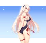  1girl arm_strap arms_behind_back ass bangs blonde_hair blush closed_mouth competition_swimsuit eyebrows_visible_through_hair from_behind g3_(girls_frontline) girls_frontline hair_between_eyes headgear light_smile long_hair looking_at_viewer looking_back one-piece_swimsuit philomelalilium red_ribbon ribbon smile solo swimsuit thigh_strap thighs very_long_hair violet_eyes 