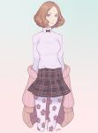  1girl bow bowtie brown_eyes brown_hair floral_print jivke okumura_haru pantyhose persona persona_5 plaid plaid_skirt print_legwear short_hair signature skirt smile sweater turtleneck turtleneck_sweater white_legwear 