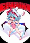  1girl animal_ears bat_wings blue_hair bunny_girl bunny_tail bunnysuit detached_collar fang flat_chest full_body gloves hand_on_hip hat hat_ribbon ifelt_(tamaki_zutama) looking_at_viewer mob_cap open_mouth rabbit_ears red_eyes red_ribbon red_shoes remilia_scarlet ribbon shoes smile solo standing tail touhou wavy_hair white_gloves white_hat wings 