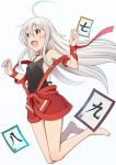 1girl :d ahoge ao_(aokisora_ao) arms_up backless_outfit bangs barefoot black_shirt blush breasts chiya_(urara_meirochou) collarbone commentary_request eyebrows_visible_through_hair fang full_body hair_between_eyes jumping long_hair open_mouth red_eyes red_ribbon red_skirt ribbon shirt sidelocks silver_hair simple_background skirt sleeveless sleeveless_shirt small_breasts smile solo urara_meirochou very_long_hair white_background 