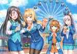  4girls amusement_park black_hair black_legwear blonde_hair blue_necktie blue_skirt blush breasts brown_hair cellphone character_request eating ferris_wheel food green_eyes headphones holding holding_cellphone holding_phone hood hoodie krt_girls long_hair long_sleeves looking_at_another looking_away medium_breasts multiple_girls necktie official_art open_mouth orange_skirt pantyhose parted_lips phone qian_wu_atai red_eyes short_hair side_ponytail silver_hair skirt smile standing striped striped_necktie unzipped violet_eyes 