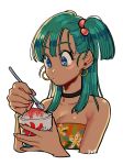  1girl :o absurdres adapted_costume alternate_costume aqua_hair arm bangs bare_arms bare_shoulders beads black_choker blue_eyes blunt_bangs blush breasts bulma choker cleavage collarbone cropped_torso dragon_ball dragonball_z dress earrings female floral_print food hair_beads hair_bobbles hair_ornament hands highres holding holding_food holding_ice_cream holding_spoon hoop_earrings ice_cream jewelry large_breasts long_hair looking_down neck okada_(hoooojicha) orange_dress side_ponytail simple_background solo spoon strapless strapless_dress summer sundress upper_body white_background 
