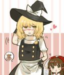  /\/\/\ 2girls :d apron bag blonde_hair blood blush bow brown_eyes brown_hair fingerless_gloves gloves hair_bow hair_tubes hakurei_reimu hat heart highres kirisame_marisa multiple_girls nose_blush nosebleed open_mouth ovo pose smile sweat touhou vest waist_apron witch_hat yellow_eyes yuri 