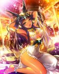  1girl animal_ears anklet arms_up bare_shoulders barefoot blush breasts cleavage company_name dark_skin eu_(euspia) eyebrows_visible_through_hair feet jewelry large_breasts long_hair looking_at_viewer maboroshi_juuhime open_mouth purple_hair seiza sideboob sitting solo tail yellow_eyes 