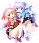  2girls :d animal_ears animal_hood basket blonde_hair bloomers blue_eyes blue_hair blue_skirt blush bow brown_shoes brown_skirt bunny_hood cat_ears chestnut_mouth commentary_request easter_egg eyebrows_visible_through_hair fake_animal_ears fang flower frilled_skirt frills gochuumon_wa_usagi_desu_ka? hair_between_eyes hair_ornament heart high-waist_skirt highres hood hooded_capelet kafuu_chino kirima_sharo layered_skirt leaf loafers looking_at_viewer multiple_girls open_mouth outstretched_arms sasai_saji shirt shoes skirt smile sparkle tail thigh-highs underwear white_legwear white_shirt wolf_tail x_hair_ornament 