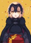  1girl armor blonde_hair blush breasts eyebrows_visible_through_hair fate/grand_order fate_(series) gift highres holding holding_gift jeanne_alter large_breasts looking_at_viewer parted_lips patreon_username ribbon ruler_(fate/apocrypha) saika_(saika_nyan) solo speech_bubble translation_request upper_body watermark web_address yellow_background yellow_eyes yellow_ribbon 