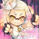  ! +_+ 1girl bare_shoulders blush conomi-c5 countdown crown domino_mask fingerless_gloves gloves gradient_hair hime_(splatoon) index_finger_raised looking_at_viewer mask mole mole_under_mouth multicolored_hair pink_hair short_eyebrows sleeveless smile solo speech_bubble splatoon splatoon_2 symbol-shaped_pupils tentacle_hair text twitter_username two-tone_hair upper_body white_hair yellow_eyes zipper 