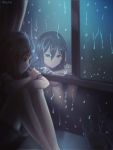  1girl arm_rest black_hair blue_eyes blurry cat crossed_arms depth_of_field expressionless gan_(gameupnow) highres indoors knees_to_chest looking_to_the_side night original rain reflection short_sleeves shorts sitting solo window 