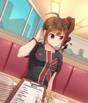  1girl ahoge bangs bill black_shirt breasts brown_hair ceiling clipboard collarbone commentary_request day drill_hair dutch_angle flag_print hair_ornament hair_scrunchie hand_behind_head idolmaster idolmaster_million_live! indoors kamille_(vcx68) lights long_hair looking_to_the_side paper parted_lips plate pov pov_hands print_skirt scrunchie shirt short_sleeves side_ponytail sidelocks sitting skirt small_breasts t-shirt table teeth trembling union_jack violet_eyes wall window wristband yokoyama_nao 