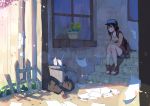  1girl black_hair boots brown_boots brown_eyes closed_mouth fence highres long_hair looking_away original paper sitting smile solo stairs trash trash_bag trash_can window xyz_(5636552) 