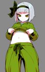  1girl alternate_costume bangs blunt_bangs bob_cut green_ribbon grey_background hair_ribbon konpaku_youmu midriff navel pants ribbon silver_hair simple_background solo standing thupoppo touhou yellow_eyes 