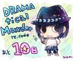  1boy al_bhed_eyes belt black_eyes black_hair chibi copyright_name countdown dramatical_murder full_body hand_on_hip hat looking_at_viewer male_focus nitro+_chiral off-shoulder_shirt off_shoulder open_mouth sei_(dramatical_murder) shirt smile solo sparkle trilby yuupon 