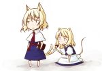  2girls alice_margatroid animal_ears apron bangs blonde_hair blue_dress book capelet cat_ears cat_tail dress kemonomimi_mode kirisame_marisa multiple_girls necktie playing puffy_short_sleeves puffy_sleeves red_necktie sakuraba_yuuki sash short_hair short_sleeves tail touhou waist_apron 