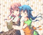  2girls :3 :d ^_^ ahoge apron bangs blue_hair blush book brown_eyes brown_hair closed_eyes commentary_request doughnut dress food green_scrunchie green_shirt hair_flaps hair_ornament hairpin hinako_note holding holding_book hug hug_from_behind long_hair looking_at_viewer low_twintails march-bunny multiple_girls natsukawa_kuina open_book open_mouth orange_apron plaid plaid_dress sakuragi_hinako scrunchie shirt short_sleeves smile striped twintails upper_body vertical-striped_background vertical_stripes 