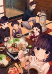  2boys 3girls ^_^ aquariumtama bangs blunt_bangs blush bowl brown_eyes brown_hair chest_of_drawers chopsticks closed_eyes commentary_request eating fish food from_above glasses hair_ornament hairclip heater holding_chopsticks indoors kotatsu long_hair long_sleeves looking_at_viewer multiple_boys multiple_girls mushroom nabe one_knee original pot pov ribbed_sweater short_hair sitting smile soy_sauce star star_hair_ornament steam sweater table tatami tofu turtleneck turtleneck_sweater twintails 