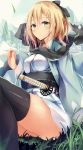  1girl black_bow black_legwear blonde_hair blush bow breasts closed_mouth eyebrows_visible_through_hair fate_(series) hair_bow koha-ace koi_nobori looking_at_viewer medium_breasts sakura_saber sheath sheathed shinsengumi short_hair sitting solo sword thigh-highs weapon yellow_eyes 