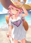  1girl animal_ears barefoot beach breasts capriccio character_name cleavage clothes_writing commentary_request day fate/grand_order fate_(series) fox_ears fox_tail heart kneeling large_breasts long_hair looking_at_viewer outdoors pink_hair sand shirt smile solo star tail tamamo_(fate)_(all) tamamo_no_mae_(swimsuit_lancer)_(fate) water white_shirt yellow_eyes 