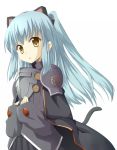  1girl :o armor armored_dress bangs cape cat_tail eiyuu_densetsu eyebrows_visible_through_hair francis_de_lariatte hairband long_sleeves looking_at_viewer open_mouth pleated_skirt shoulder_armor sidelocks silver_hair skirt solo tail tio_plato white_background yellow_eyes zero_no_kiseki 