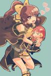  1girl armor bare_shoulders blush bow bracelet breastplate brown_eyes brown_hair cape dress dyute_(fire_emblem) fire_emblem fire_emblem_echoes:_mou_hitori_no_eiyuuou jewelry kiriya_(552260) long_hair looking_at_viewer open_mouth ponytail smile solo toy 