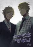  2boys black_necktie blonde_hair blue_eyes brothers countdown dramatical_murder earrings glasses grey_background jewelry male_focus minoa_(lastswallow) multiple_boys necktie nitro+_chiral siblings signature simple_background trip_(dramatical_murder) twins virus_(dramatical_murder) waistcoat 