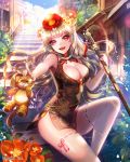  1girl blonde_hair blush breasts china_dress chinese_clothes cleavage company_name dress earrings eu_(euspia) eyebrows_visible_through_hair flower hair_flower hair_ornament holding_sheath jewelry large_breasts long_hair looking_at_viewer maboroshi_juuhime parted_lips red_eyes sheath sheathed sitting sleeveless smile solo sword thigh-highs weapon white_legwear 