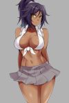  1girl alternate_costume arms_behind_back bare_shoulders bleach blush breasts choker cleavage contemporary dark_skin hevn large_breasts legs legs_together looking_at_viewer midriff miniskirt navel open_clothes open_shirt ponytail purple_hair revealing_clothes school_uniform shihouin_yoruichi shirt skirt sleeves_rolled_up smile solo thighs tied_shirt yellow_eyes 