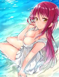  1girl adjusting_hair bare_shoulders beach breasts cleavage dress flower hair_flower hair_ornament love_live! love_live!_sunshine!! partially_submerged redhead sahara_(charlotte) sakurauchi_riko solo water yellow_eyes 