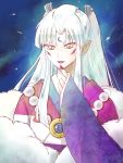  1girl facial_mark forehead_mark fur_trim inuyasha japanese_clothes jewelry kimono lipstick long_hair makeup nail_polish necklace pointy_ears portrait sesshoumaru&#039;s_mother solo teeth twintails white_hair yellow_eyes 