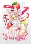  1girl animal_ears bangs blonde_hair blue_eyes blush dress eating eyebrows_visible_through_hair food fox_ears fox_tail frills fruit full_body hands_up hat heart high_heels highres holding holding_food long_hair looking_at_viewer original parfait pigeon-toed pink_dress pocky popsicle ringlets shoes short_dress sitting solo strapless strapless_dress strawberry strawberry_syrup sun_hat suzuki_moeko syrup tail tareme tongue tongue_out tube_dress whipped_cream white_hat white_shoes 