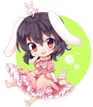  1girl :d animal animal_ears animal_on_head barefoot black_hair blush bunny_tail carrot carrot_necklace character_name chibi dress eyebrows_visible_through_hair frilled_dress frills full_body hand_on_own_cheek inaba_tewi looking_at_viewer on_head open_mouth pink_dress puffy_short_sleeves puffy_sleeves rabbit rabbit_ears red_eyes ribbon-trimmed_clothes ribbon_trim short_sleeves simple_background smile solo tail touhou yukimiya_(parupunta) 