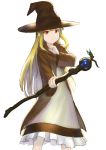  1girl blonde_hair brown_hat brown_rose commentary_request dot_nose feet_out_of_frame frills hat highres holding holding_staff long_hair looking_at_viewer original red_eyes simple_background smile solo staff wasabi60 white_background witch witch_hat 