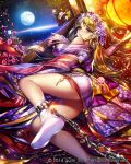  1girl ass blonde_hair blue_eyes chains closed_mouth cuffs earrings eu_(euspia) eyebrows_visible_through_hair flower hair_flower hair_ornament japanese_clothes jewelry kimono looking_at_viewer maboroshi_juuhime moon shackles sky solo star_(sky) starry_sky white_legwear 