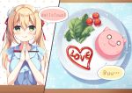  1girl :q bangs blonde_hair blush breasts bun_cover buttons chopsticks double_bun english eyebrows_visible_through_hair green_eyes hair_between_eyes hair_ribbon heart holding holding_chopsticks lettuce long_hair looking_at_viewer medium_breasts original own_hands_together pig plate ribbon shirt sleeveless smile solo sparkle speech_bubble sumisaki_yuzuna sweat tomato tongue tongue_out triangle twintails upper_body 