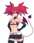  1girl alternate_breast_size breasts choker demon_girl demon_tail demon_wings disgaea earrings elbow_gloves etna gloves hands_on_hips hevn jewelry leather leather_gloves looking_at_viewer midriff miniskirt navel red_eyes redhead short_eyebrows skirt skull_earrings small_breasts smile solo tail thigh-highs twintails wings 