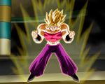  1girl abs biceps blonde_hair caulifla dragon_ball dragon_ball_super green_eyes highres midriff muscle muscular_female nekoar pants pink_tank_top power-up purple_pants saiyan shoes spiky_hair standing tank_top transformation wrist_cuffs 