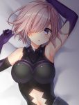  1girl armpits arms_up bed_sheet black_bodysuit blush bodysuit breasts elbow_gloves eyebrows_visible_through_hair fate/grand_order fate_(series) gloves gomano_rio hair_over_one_eye highres impossible_clothes large_breasts looking_at_viewer lying navel on_back on_bed parted_lips pink_hair purple_gloves shielder_(fate/grand_order) short_hair solo violet_eyes 