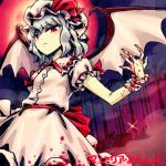  1girl bat_wings blood bloody_clothes buttons full_moon hat hat_ribbon lowres meitei mob_cap moon outdoors pink_shirt pink_skirt puffy_short_sleeves puffy_sleeves red_moon red_ribbon remilia_scarlet ribbon sash shirt short_sleeves skirt solo touhou wings wrist_cuffs 