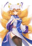  1girl absurdres black_legwear blonde_hair breasts fox_tail garter_straps hat highres large_breasts looking_at_viewer medium_hair ofuda pillow_hat simple_background smile solo standing tabard tail thigh-highs touhou white_background wide_sleeves yakumo_ran yellow_eyes youl 