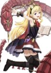  1girl black_boots black_legwear blonde_hair blue_eyes book boots cagliostro_(granblue_fantasy) cape commentary_request dress full_body giant_snake granblue_fantasy headband highres holding holding_book jumping long_hair looking_at_viewer looking_back open_mouth outstretched_arm red_skirt simple_background skirt smile thigh-highs tiara vial wasabi60 white_background 
