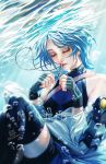  1girl air_bubble aqua_(kingdom_hearts) artist_name blue_hair closed_eyes detached_sleeves fingerless_gloves gloves jewelry kingdom_hearts kingdom_hearts_birth_by_sleep necklace nijuuni smile solo thigh-highs underwater water 