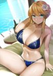  1girl alcohol aqua_eyes arm_up artoria_pendragon_lancer_(fate/grand_order) bare_shoulders bikini blonde_hair blue_bikini blush breasts champagne champagne_flute cleavage cup drinking_glass eyebrows_visible_through_hair flower hair_flower hair_ornament large_breasts looking_at_viewer mu-nyako navel poolside saber sand short_hair solo swimsuit thighs tied_hair water 