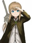  1girl bangs blonde_hair blue_eyes blush cloak commentary_request dot_nose green_clothes highres long_hair looking_at_viewer original salute simple_background smile solo sword_behind_back upper_body vest wasabi60 white_background white_vest 