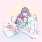  bathrobe bed blanket blush book herokick kill_la_kill kiryuuin_satsuki long_hair matoi_ryuuko multicolored_hair pajamas pillow pillow_hug reading smile streaked_hair 