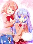  2girls :&gt; :d animal animal_on_lap bag blazer blue_eyes blue_hair blush bow bowtie braid cherry_blossoms closed_eyes commentary_request drinking drinking_straw eyebrows_visible_through_hair eyepatch facing_another flower gochuumon_wa_usagi_desu_ka? hair_between_eyes hair_flower hair_ornament hat highres hoto_cocoa jacket kafuu_chino light_brown_hair long_hair looking_back multiple_girls open_mouth outdoors petals plaid plaid_skirt pocket rabbit red_skirt sasai_saji school_bag school_uniform shirt sitting skirt sleeves_past_wrists smile tippy_(gochiusa) top_hat white_shirt x_hair_ornament 